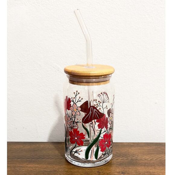 NEW: Mushroom and Floral, Glass Can Sipper (16 oz) - Picture 1 of 4